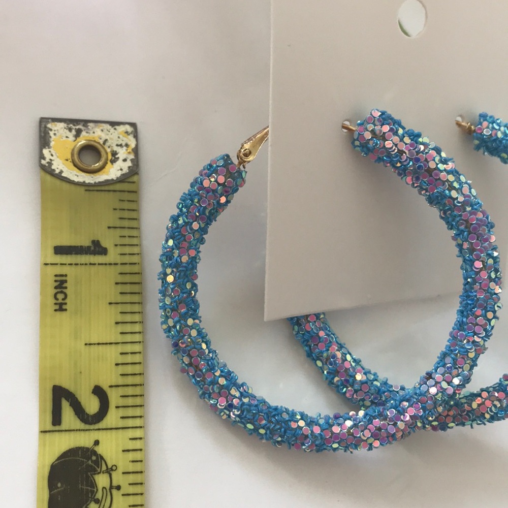 Blue Glitter Hoop Earrings - Picture 3 of 5